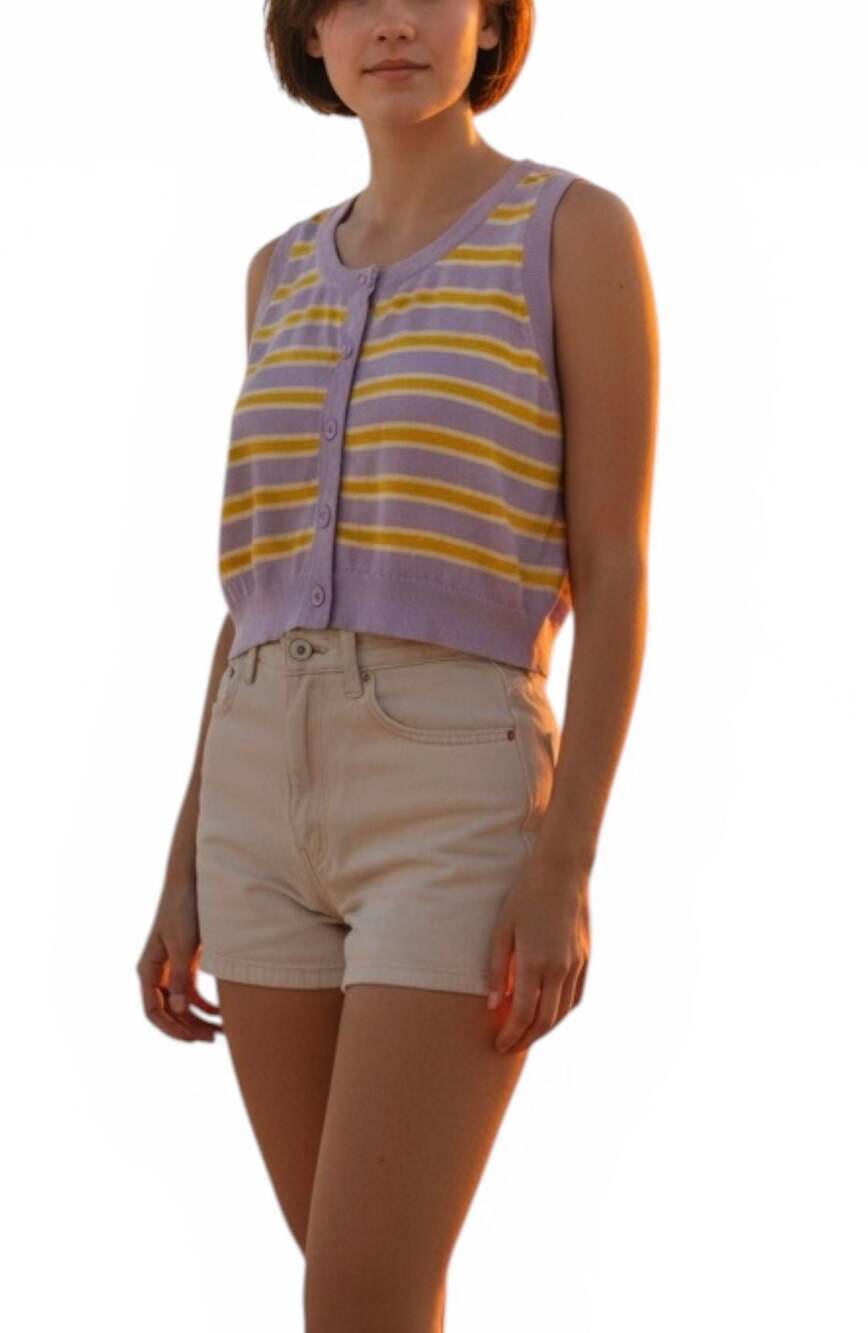 Dangerfield Striped Crop Knit Vest Lavender Mustard Yellow Button Front Size 16